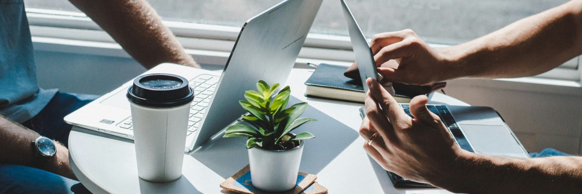 Two people working at a small table with laptops, coffee, and a plant. Only their hands are visible.