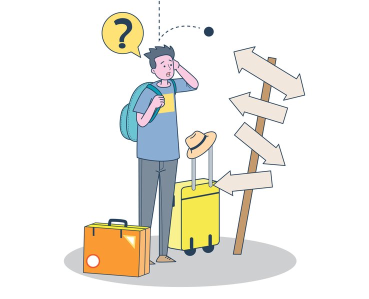 illustration of lost tourist looking confused near signs pointing different idirections